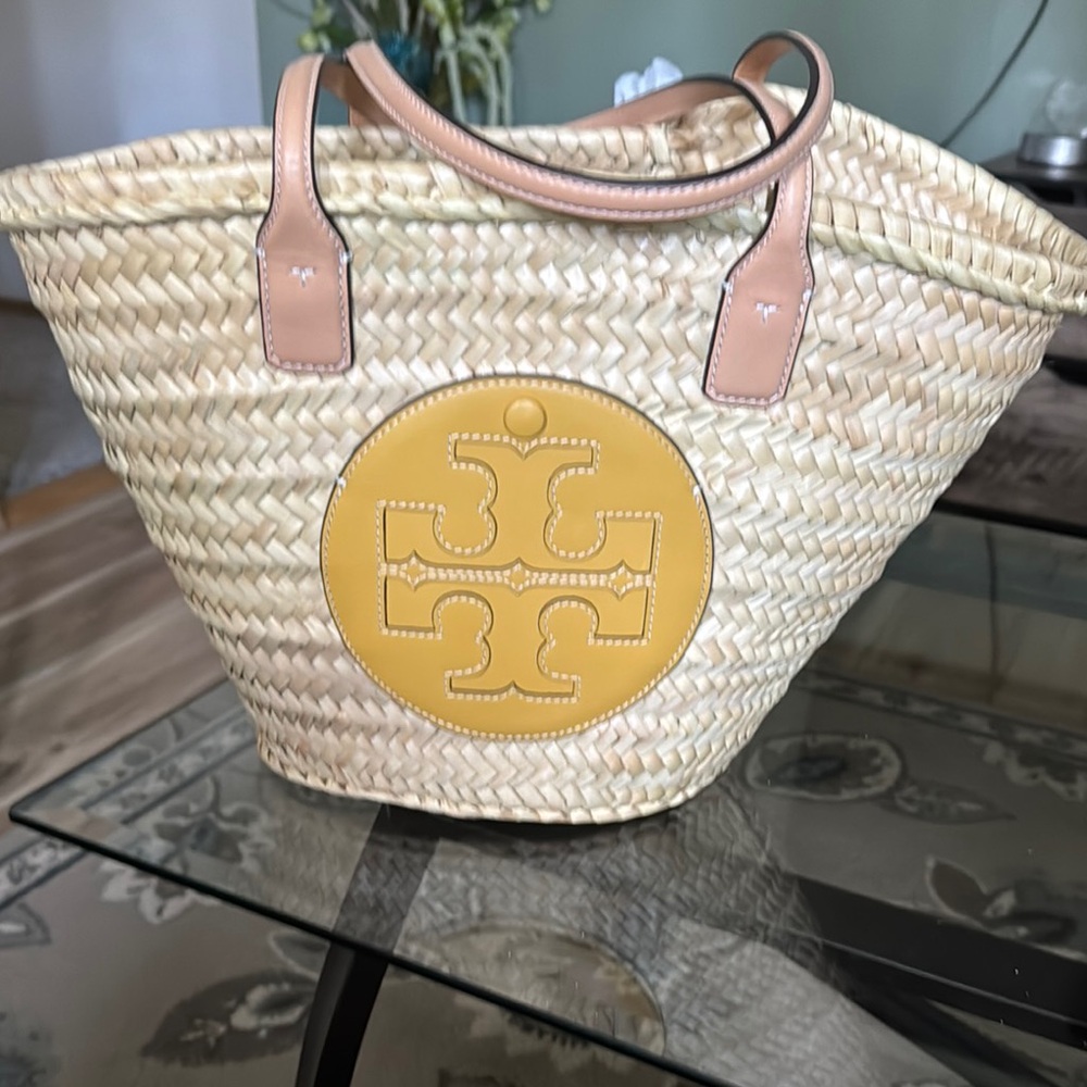 Tory Burch Tan and Yellow Straw Tote Bag